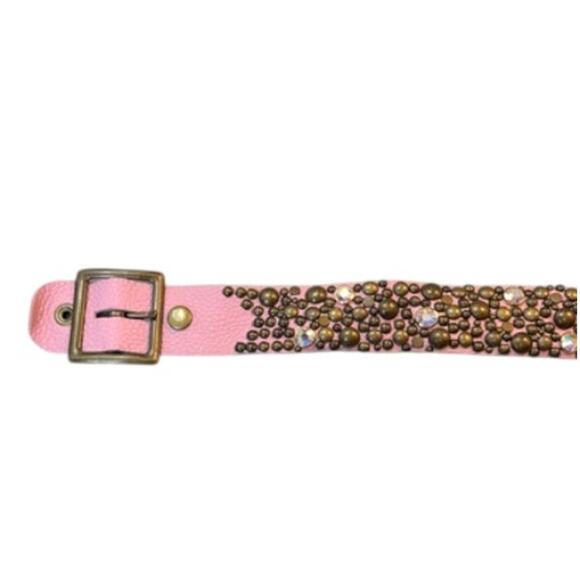 Vintage Pink Studded Leather Belt Rhinestones Gold Studs Glam Y2K Boho M/L - Picture 5 of 9